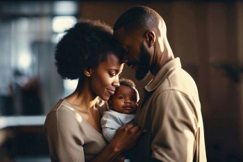 Parenthood, Father and mother and holding baby, African American, Picture, , created with Generative AI technology
