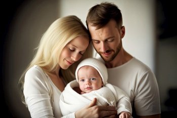 Parenthood, Father and mother and holding baby, White European, Picture, created with Generative AI technology