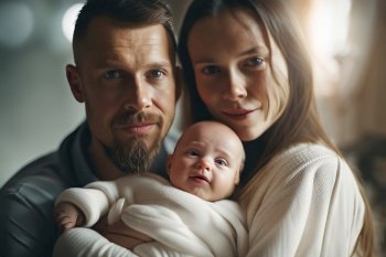 Parenthood, Father and mother and holding baby, White European, Picture, created with Generative AI technology