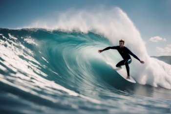 Surfing Photo Series - Male Surfer Riding a Wave on Surfboard, created with Generative AI technology.