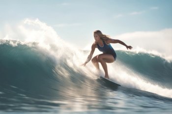 Surfing Photo Series - Female Surfer Riding a Wave on Surfboard, created with Generative AI technology.