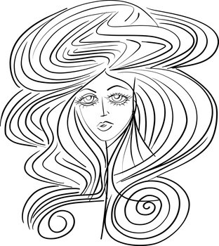 beautiful woman face, girl with beautiful hair hand drawn vector. Volume, Haircut, Hairdressing. Care and beauty. Black and white line sketch front illustration portrait