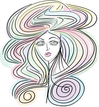 beautiful woman face, girl with beautiful hair hand drawn vector. Volume, Haircut, Hairdressing. Care and beauty. Colorful rainbow hair sketch illustration portrait