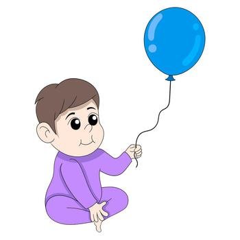 baby boy is sitting holding a happy balloon. vector design illustration art