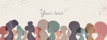 Group of multicultural diversity women and girls - face profile silhouette. Women’s day. Female social community of diverse culture. Racial equality. Colleagues. Empowerment or inclusion
