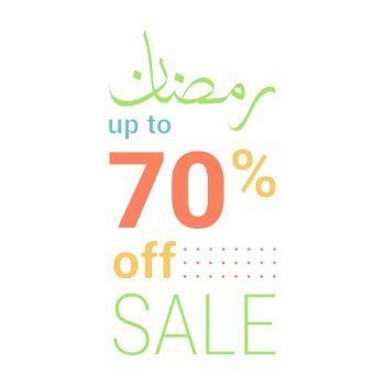 Green and White Banner with Arabic Calligraphy Up to 70% Off for Ramadan Sale