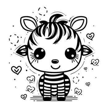 Cute cartoon kawaii little baby zebra. Vector illustration.