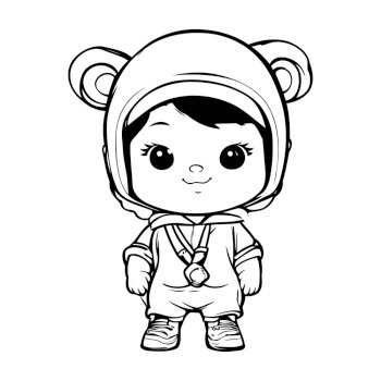 Cute little boy in astronaut costume. Black and white vector illustration