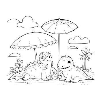 cute dinosaurs in the park with umbrella vector illustration coloring book page