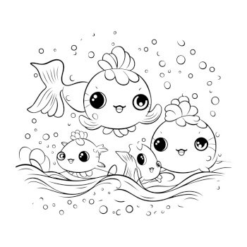 Coloring Page Outline Of Cute Fish Characters Vector Illustration