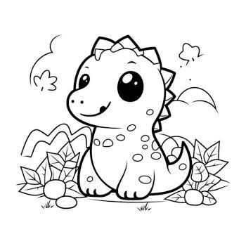 Cute dinosaur with flowers and leaves. Coloring book for children.