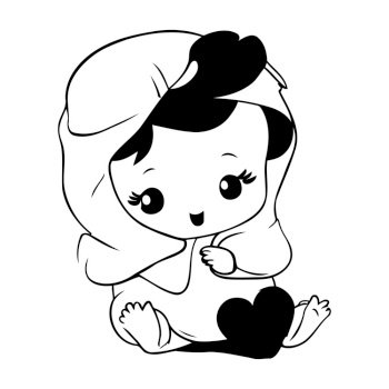 Cute little girl with heart. black and white vector illustration.