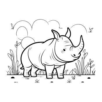 Rhinoceros in the field. Black and white vector illustration.