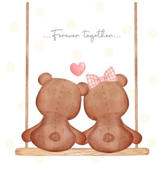 cute classic couple brown teddy bears, boy and girl hold hand sit on wooden swing, forever together, Happy Valentine, adorable cartoon watercolor hand drawn vector illustration