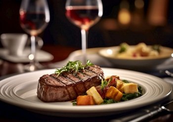 Grillet beef steak fillet with vegetables fine dining in luxury restaurant.AI Generative