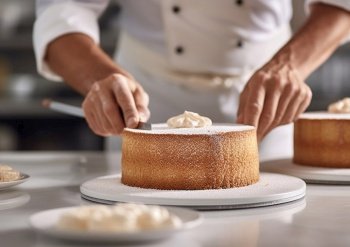 Chef preparing whipped cream cake.AI Generative