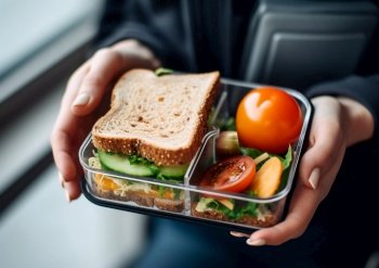Female hands holding lunch box with sandwich and vegetables.AI Generative
