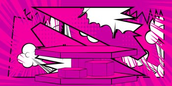 Comic Book Fuchsia Colored Product Podium Stage. Comics Showroom for Mockup Presentation. Pop Art Pedestal Advertising Background.