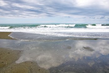 At Levanto - On March, 31, 2018 , The beach of Levanto   with wavy sea  in five lands park of Liguria in Italy