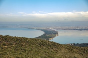 landscape of Orbetello lagoon and the Tuscan archipelago as seen from the  Monastery of the Passionist Fathers.on Argentario mount in maremma tuscany,Italy