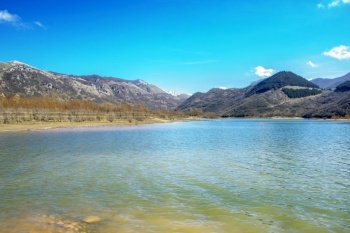Lake Matese, the highest karst lake in Italy. It is at the foot of Mt. Miletto  and Mt. Gallinola in the local mountain group known as the Matese massif. The lake is in the province of Caserta in the Campania region,
