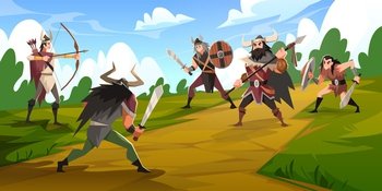 Vikings battle. Armed barbarians clash, scandinavian warriors with weapons and wooden traditional shield, cartoon medieval folk characters in animal skins, ancient scandi people, tidy vector concept. Vikings battle. Armed barbarians clash, scandinavian warriors with weapons and wooden traditional shield, cartoon medieval folk characters in animal skins, scandi people, tidy vector concept