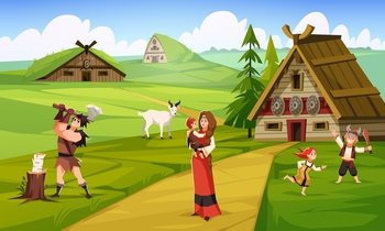 Vikings life. Peaceful cute inhabitants of ancient scandinavian village, woman with children, man chopping wood. Medieval barbarian home. Summer green cartoon norway landscape tidy vector illustration. Vikings life. Peaceful cute inhabitants of ancient scandinavian village, woman with children, man chopping wood. Barbarian home. Summer green cartoon norway landscape tidy vector illustration
