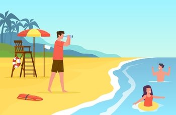 Lifeguard on beach observes children through binoculars, ensuring safety. Kids swimming in sea. Rescue on water. Summer vacation. Cartoon flat isolated emergency character on station. Vector concept. Lifeguard on beach observes children through binoculars, ensuring safety. Kids swimming in sea. Rescue on water. Summer vacation. Cartoon flat isolated emergency character. Vector concept