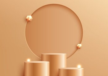 Abstract modern luxury product display. 3D golden podium stand with empty gold circle backdrop and gold light bulb, geometric elements on studio room background. You can use for beauty cosmetic advertising, mockup product showcase, business presentation, showroom, exhibition, etc. Vector illustration