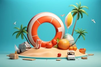 3D realistic beach podium illustration features a coconut, rubber ring, and beach ball, making it perfect for summer vacation and travel marketing materials. Generative AI