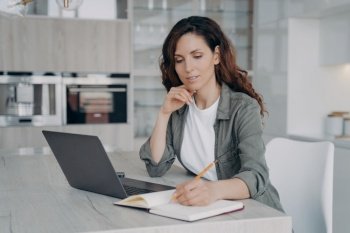 Remote work of executive or manager. Confident female leader is working in front of computer at home. Successful lady freelancer sitting at the desk at her kitchen. Spanish girl is taking notes.. Remote work of executive or manager. Confident Spanish girl sitting at the desk at her kitchen.