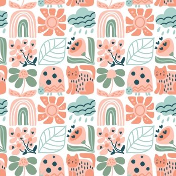 Floral seamless pattern spring with hand drawing wild flowers and animal. Simple scandinavian botanical design for fabrics, tile mosaic, scrapbooking. Vector illustration.. Floral seamless pattern spring with hand drawing wild flowers and animal. Simple scandinavian botanical design for fabrics, tile mosaic, scrapbooking. Vector illustration