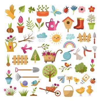 Springtime. Decorative season pictures birds animals flowers branches leaves grass gardening tools recent vector colored template. Illustration of springtime elements, bird and blossom. Springtime. Decorative season pictures birds animals flowers branches leaves grass gardening tools recent vector colored template