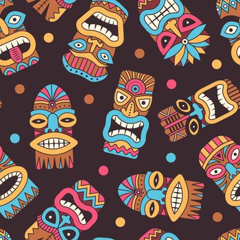 Tiki masks pattern. authentic exotic tribal masks seamless background of tribal pattern ethnic, tropical hawaii tahiti illustration. Tiki masks pattern. authentic exotic tribal masks seamless background