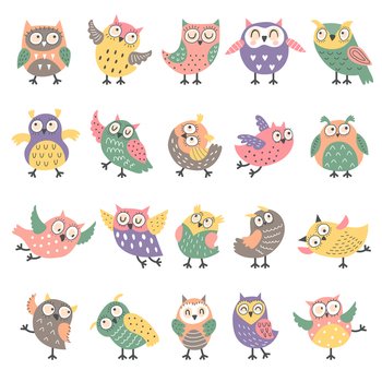 Owl birds. Flying decorative boho style birds in action poses recent vector funny characters of bird owl flying, illustration of decorative animal. Owl birds. Flying decorative boho style birds in action poses recent vector funny characters