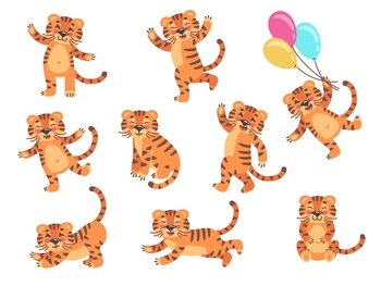Cartoon cubs tiger. Little tigers kids, funny cute baby animal, drawing striped wildlife cub, safari character smiles jump balloons, childish wild jungle, vector decent graphic design illustration. Cartoon cubs tiger. Little tigers kids, funny cute baby animal, drawing striped wildlife cub, safari character smiles jump balloons, childish wild jungle