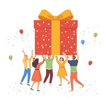 People holding big gift. Birthday present of group young workers or family friends celebrating surprise box, celebrations party, vector illustration. Birthday surprise gift and present. People holding big gift. Birthday present of group young workers or family friends celebrating surprise box, celebrations party, vector illustration