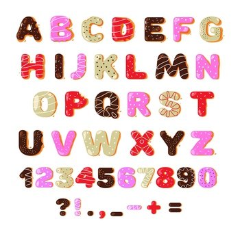 Donut font. Colorful sweet doughnut bakery alphabet latin letters and numbers for decoration, cartoon kids typeface cute glazed dessert. Vector isolated set. Pastry with icing and cream. Donut font. Colorful sweet doughnut bakery alphabet latin letters and numbers for decoration, cartoon kids typeface cute glazed dessert. Vector isolated set