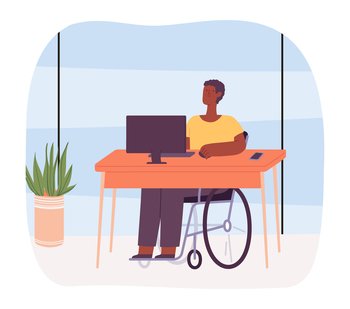 Disabled person at work. Male character on wheelchair sitting at desk with computer and working. Office worker doing job, inclusive concept. Cartoon employee with disability vector illustration. Disabled person at work. Male character on wheelchair sitting at desk with computer and working, Office worker