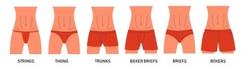 Men underwear types. Man underpants infographic design elements, male model wearing different underclothes boxers trunks briefs thong. Vector set. Cartoon red casual different under apparel. Men underwear types. Man underpants infographic design elements, male model wearing different underclothes boxers trunks briefs thong. Vector set