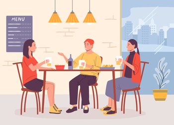 Coffee break. Female and male characters sitting at table in cafe. People drinking beer and eating snacks. Friends communicating and having lunch. Group of adults having rest vector illustration. Coffee break. Female and male characters sitting at table in cafe. People drinking beer and eating snacks. Friends communicating