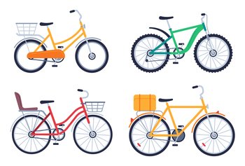 Flat bikes, bicycle for delivery product. Vehicles with basket, box for food shipping. Ordering meal. Container for hot products distribution. Package transportation service vector isolated set. Flat bikes, bicycle for delivery product. Different vehicles with baskets and box for food shipping. Ordering meal