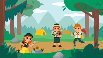 Scout kids, action and adventure on nature. Vector of camping children, recreation and adventure, child activity summer illustration. Scout kids, action and adventure on nature
