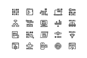 Programming code line icons. Binary hex and machine code compiling and running, software and operating system development. Vector editable stroke collection of application algorithm illustration. Programming code line icons. Binary hex and machine code compiling and running, software and operating system development. Vector editable stroke collection
