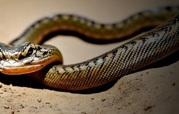 Portrait of a reclining snake with golden skin and black scales resting its wide mouth on its tail in the desert sand, made with generative AI