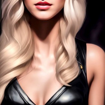 Half-length portrait of a pretty young woman with long blond hair and a black leather dress with a revealing cleavage, made with generative AI