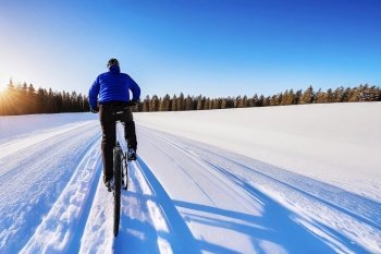 Rear view of a cyclist riding a bike in deep snow in bright sunshine, made with generative AI