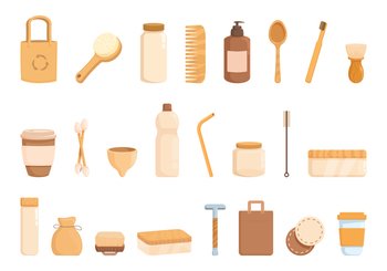 Products that can be reused icons set cartoon vector. Food bin. Trash can. Products that can be reused icons set cartoon vector. Food bin