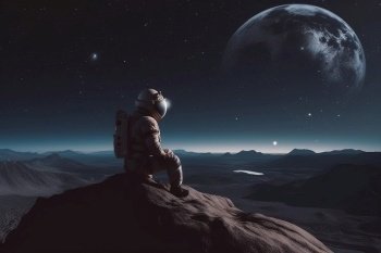 Astronaut sitting on planet at sunset. Man astronomy. Generate Ai. Astronaut sitting on planet at sunset. Generate Ai