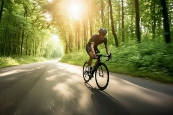 Man forest cycling. Asian sport. Fictional person. Generate Ai. Man forest cycling. Generate Ai